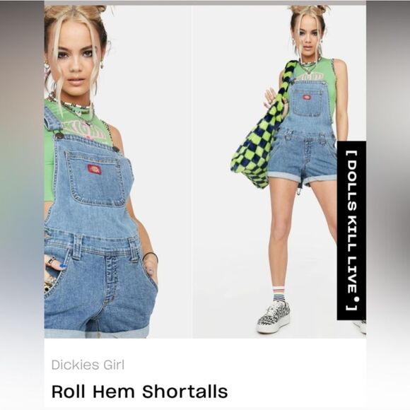 Dickies Girl Dolls Kill Roll Hem Denim Overall Shortalls Sz XL - Picture 2 of 8